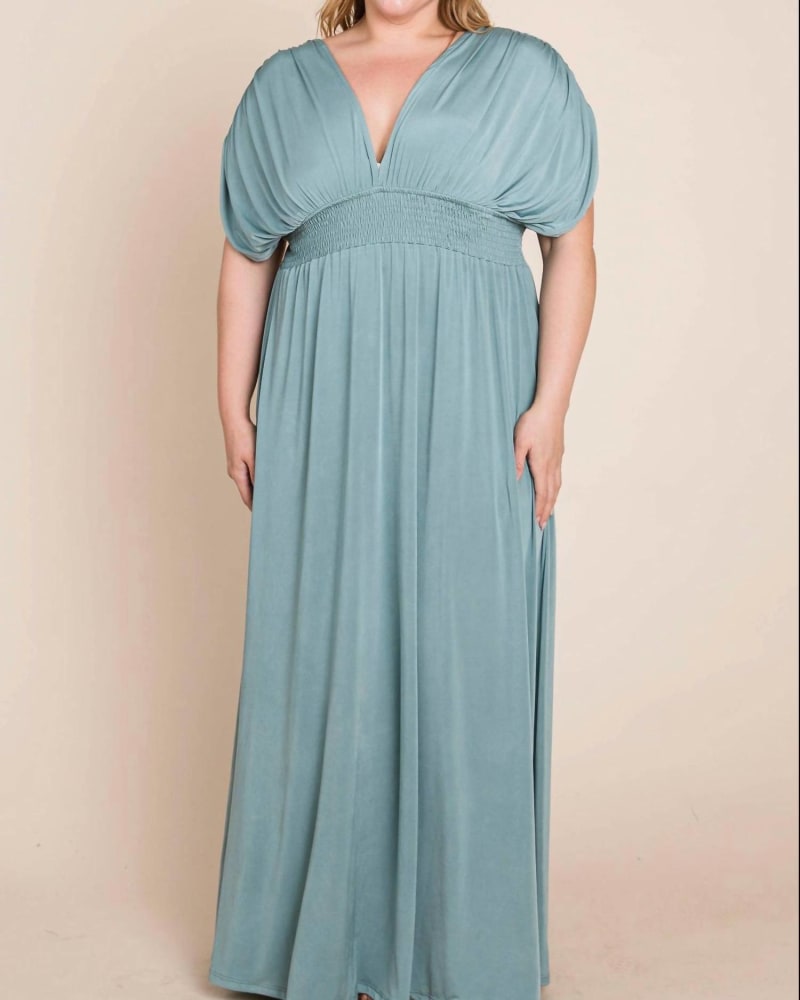Front of a model wearing a size 1XL Plus Size Solid Maxi Dress With Ruched Sleeves In Teal in Teal by Emerald Collection. | dia_product_style_image_id:342278